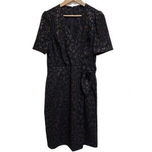 Alex Marie Wrap Dress 12 Black Metallic Leopard Print Zipper Pocket Office Party